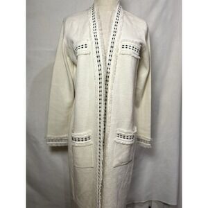 Colette Mordo Women's‎ L Ivory Fringe Wool Blend Cardigan Sweater EUC